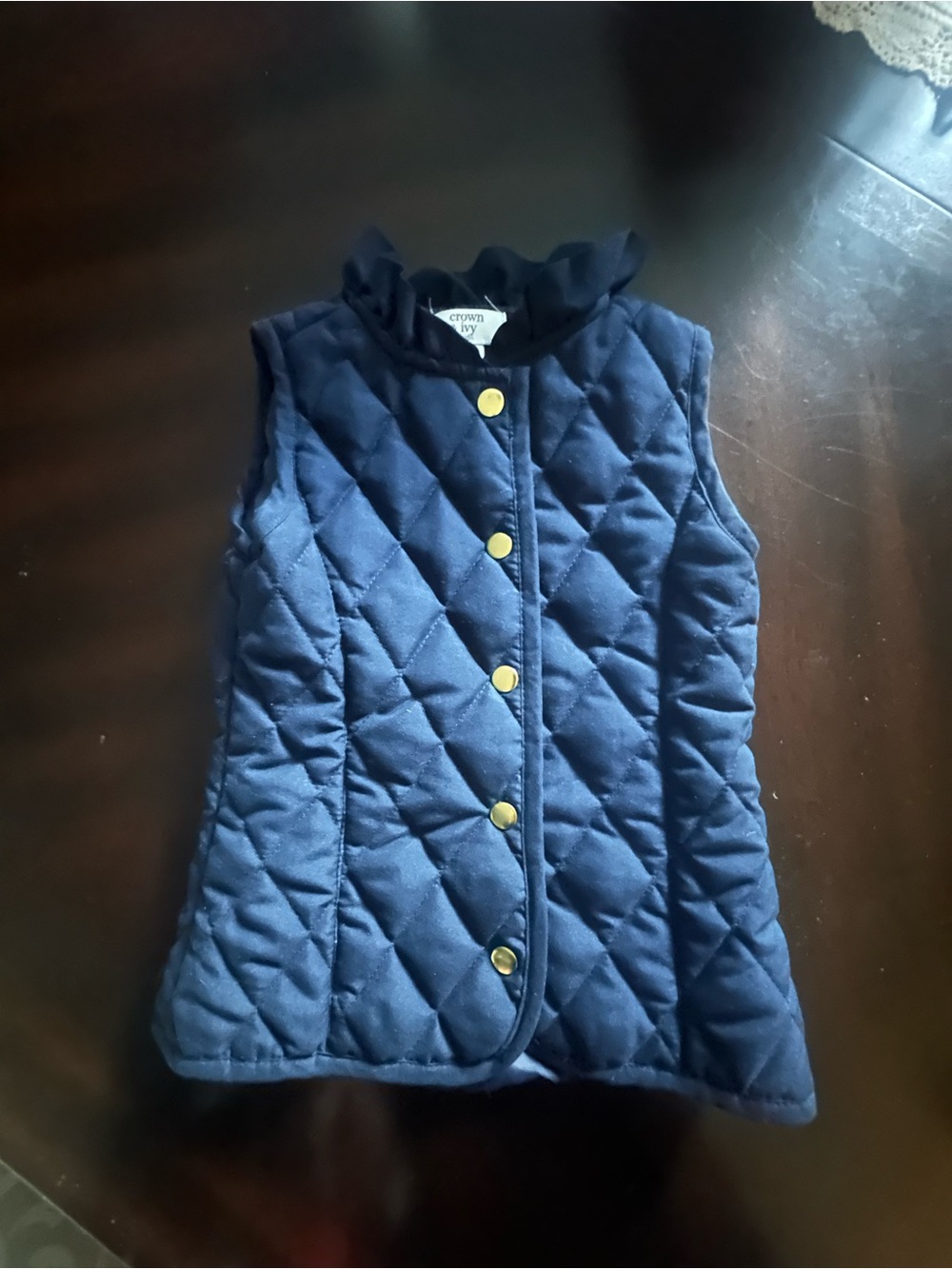 crown & ivy Quilted Navy Vest with Gold Buttons